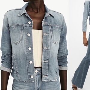 L'AGENCE 90s Distressed Vintage Wash Denim Raw Edge Crop Slim Jean Jacket S